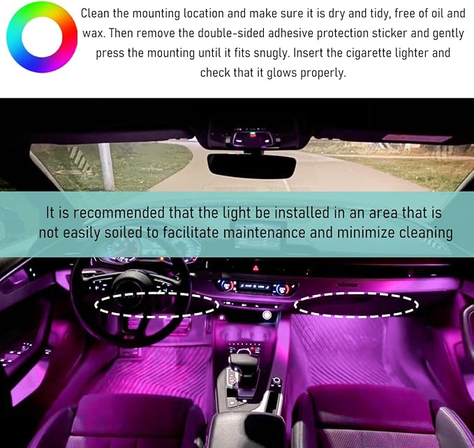 Yourkar Car LED Strip Light, 24 LED Interior Under Dash Atmosphere Lights with Cigarette Lighter, Vehicle Decor Lamp Ambient Night Light Strip Lighting, Universal Car Accessories (Pink Purple)