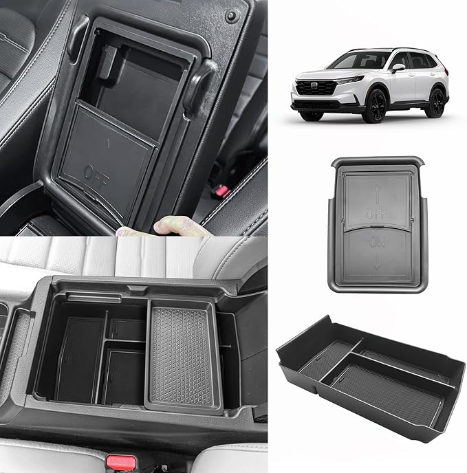 Muslogy Center Console Organizer Compatible with 2023 2024 2025 2026 Honda CRV & CRV Hybrid Tray & Armrest Hidden Storage Compartment 2PCS Set(Console Tray+Hidden Organizer)