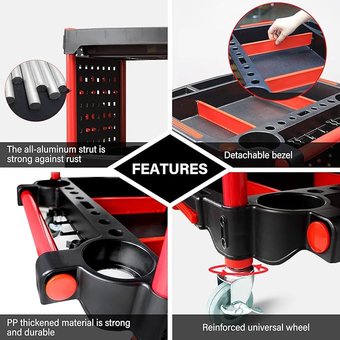 Car Detailing Cart with Wheels – 3-Tier Heavy-Duty Mobile Utility Organizer for Car Wash & Auto Repairs – Adjustable Side Trays, Tool Hooks – Workshop Storage for Mechanics & Detailers