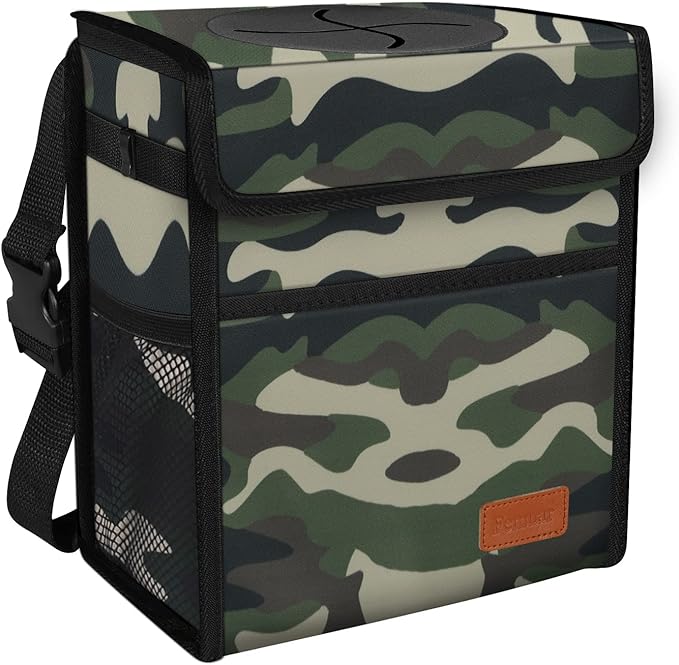 Car Trash Can Leak Proof Car Trash Bag Waterproof Car Garbage Can with Lid for SUV Front Seat Multipurpose Car Hanging for Headrest Collapsible and Portable with Storage Mesh Pocket– Camouflage