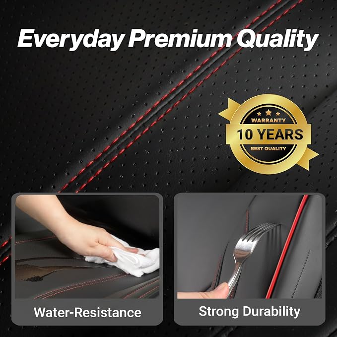 Coverland Custom SUV Car Seat Covers Front Seats for [2006-2026 Audi Q7] - Protector Car Seat Cover Water Resistant Leather Memory Form Back Support Seat Cushion [Front - Black with Red Stitching]