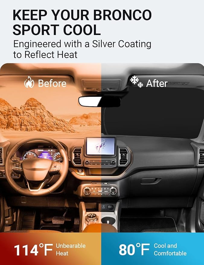 Proadsy 2026 Upgrade Windshield Sun Shade Custom Fit Ford Bronco Sport 2021-2025 2026 4-Layer Foldable Front Sunshade Protector Sun Visor Blocks UV Rays Keep Car Cooler