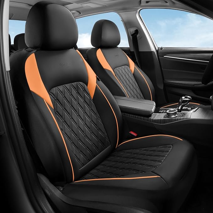 Coverado Seat Covers for Cars, Automotive Seat Covers Front Seats, Waterproof Car Seat Covers, Car Seat Cushion, Faux Leather Car Seat Protector Carseat Cover Universal Fit Most Cars, Black&Orange