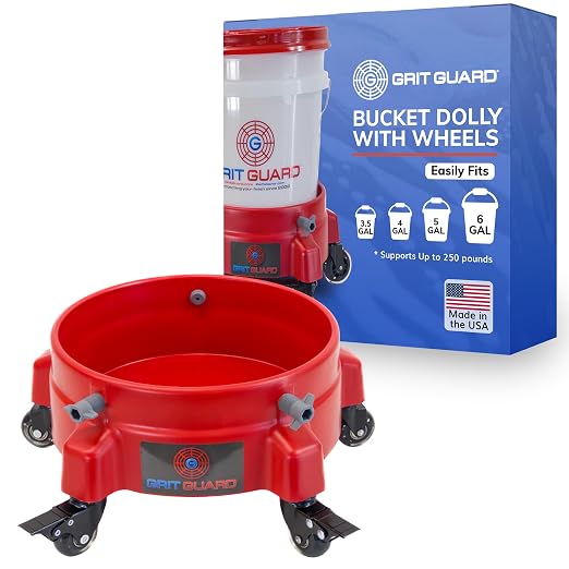 GRIT GUARD Bucket Dolly with Wheels - Rolling Detailing Wash Bucket with 5 Wheels and 2 Locking Casters Compatible with 2.5, 4, 5 and 6 Gallon Buckets (Red, 2" Roller Bearing) - Made in the USA