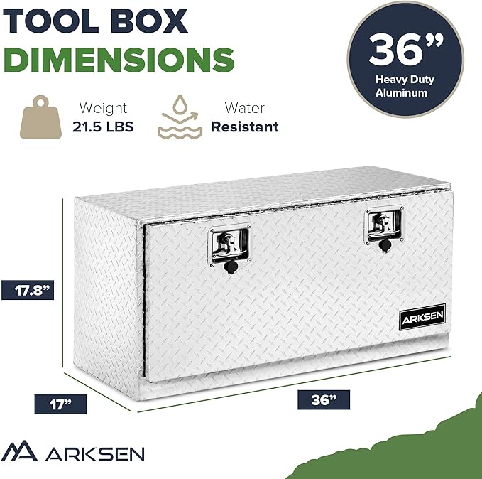 ARKSEN 36 x 17 x 18 Inch Underbody Tool Box, Heavy Duty Aluminum Diamond Plate Waterproof Square Storage Organizer Chest with T-Handle Lock & Keys for Pickup Truck, RV & Trailer – Silver