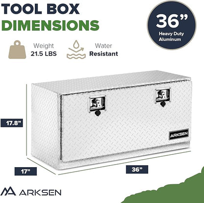 ARKSEN 36 x 17 x 18 Inch Underbody Tool Box, Heavy Duty Aluminum Diamond Plate Waterproof Square Storage Organizer Chest with T-Handle Lock & Keys for Pickup Truck, RV & Trailer – Silver