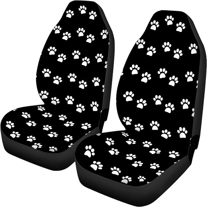 Paw Print Car Seat Covers Full Set,White Animal Pet Claws on Black Cute Animal Footprints Vehicle Front Rear Bench Cushion Protectors Auto Interior Accessories Universal Fit for Trucks Sedans