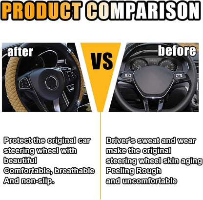 Bling Soft Leather Steering Wheel Cover, 15 Inch Colorful Rhinestones Auto Elastic Protector with Crystal Diamond for Women Girls, Car Accessories for Most Cars, SUVs (Beige)