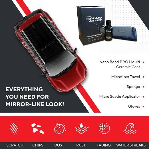 Nano Bond Ceramic Coating for Cars - 80% SiO2 Formula, Hydrophobic Paint Protection, UV & Corrosion Resistant for Glass, Wheels & Plastic, Easy Application, Car Detailing Kit, 30ml