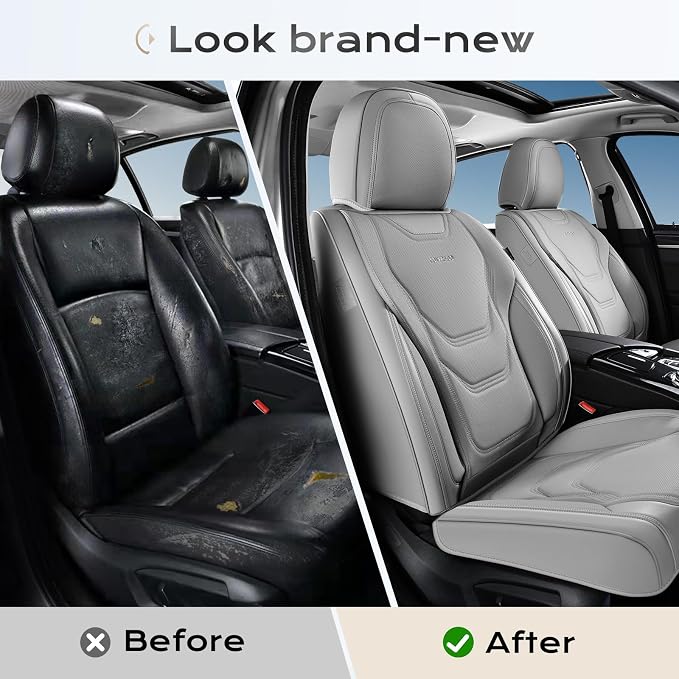 Coverado Car Seat Covers Full Sets, 5 Piece Car Seat Protector Waterproof Leather Seat Cushion Universal Fit for Truck Automotive Vehicles Gray