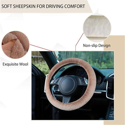 Ziciner Fuzzy Steering Wheel Cover, 15 inch Soft Wool Fur Steering Wheel Protector, Fluffy Wheel Covers for Winter Warm, Car Interior Decoration Accessories for Women Men (Light Brown)