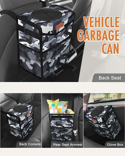 Pritent Car Trash Can with Lid, Cute Leakproof Car Trash Garbage Bag Hanging Vehicle Trash Bin Small Portable Automotive Garbage Cans Organizer for Back/Front Seat/Console(Trapezoid,Camo Grey)