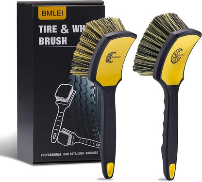 BMLEI Wheel & Tire Brush Set, 2 Pack Car Wheel Brush & Tire Cleaner Brushes, Soft Bristle Rim Brush and Stiff Tire Scrub Brush, Scratch-Free Wheel Cleaning Kit for Car Detailing, Trucks, SUVs