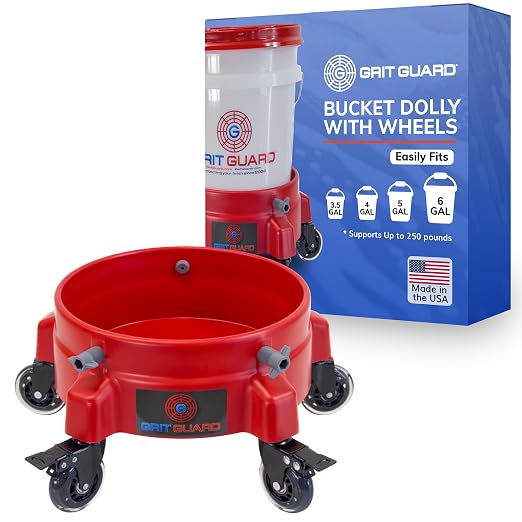 Grit Guard Bucket Dolly with Wheels - Rolling Detailing Wash Bucket with 5 Wheels and 2 Locking Casters Compatible with 2.5, 4, 5 and 6 Gallon Buckets (Red, 3" Roller Bearing) - Made in the USA