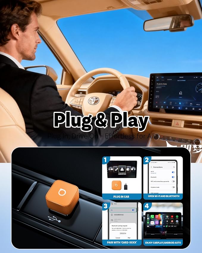 OTTOCAST 2026 Mini Slim USB C 2-in-1 Wireless CarPlay Adapter, Plug & Play | Android Auto Adapter, 5s Auto-Connect, Mini Size,Remember Two Phones