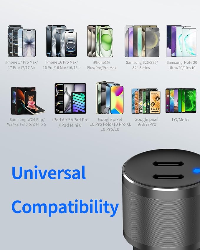 Dual 45W USB C Car Charger, 90W Max Super Fast Charging, All Metal 12V Cigarette Lighter Adapter for iPhone 17 Pro Max/16/15/iPad, Samsung Galaxy S26/S25, Google Phones with 2 Type C Cable 3.3ft Black