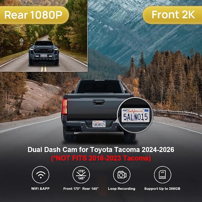 Fitcamx Front 2K+Rear 1080P Dash Cam Adapts for Toyota Tacoma & Hybrid 2024-2026, OEM Look, Dual HD Video, WiFi & APP, Loop Recording, Graivity Sensor, Night Vision, Easy to Operate, 64GB Card