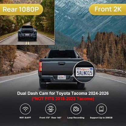 Fitcamx Front 2K+Rear 1080P Dash Cam Adapts for Toyota Tacoma & Hybrid 2024-2026, OEM Look, Dual HD Video, WiFi & APP, Loop Recording, Graivity Sensor, Night Vision, Easy to Operate, 64GB Card