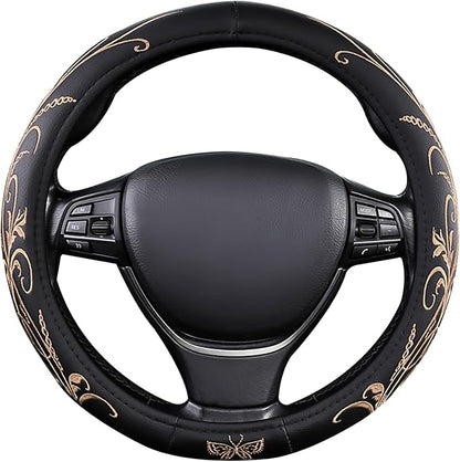 Beige Embroidery Butterfly Car Steering Wheel Cover,14.5-15 Inch Universal Leather Covers Breathable Anti-Slip Odorless Steering Wheels Accessories for Men Women