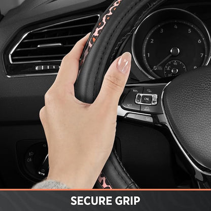 Road Comforts Steering Wheel Cover - Flat Bottom Wheel Cover Made with PVC Leather and Pink Leopard Fabric - Universal Fit for 15-Inch D-Shaped Automotive Steering Wheels (Pink Leopard)
