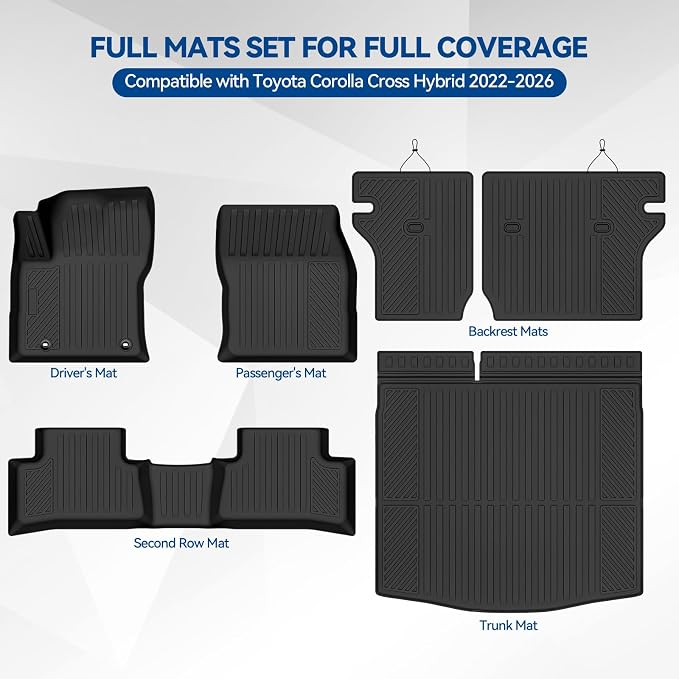 Custom Fit Floor Mats for Toyota Corolla Cross Hybrid 2022-2026, All Weather TPE Floor Liners with Trunk Mat & Backrest Protectors, Odorless Full Set Interior Accessories