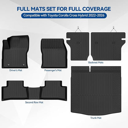 Custom Fit Floor Mats for Toyota Corolla Cross Hybrid 2022-2026, All Weather TPE Floor Liners with Trunk Mat & Backrest Protectors, Odorless Full Set Interior Accessories