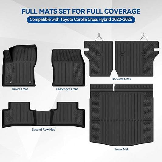 Custom Fit Floor Mats for Toyota Corolla Cross Hybrid 2022-2026, All Weather TPE Floor Liners with Trunk Mat & Backrest Protectors, Odorless Full Set Interior Accessories