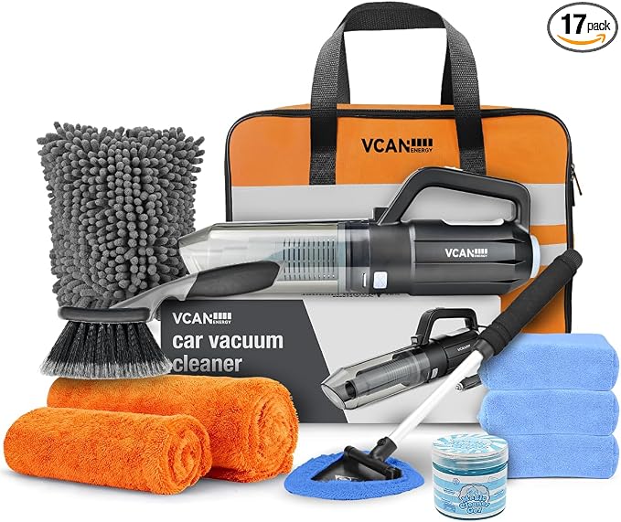 VCANENERGY Car Cleaning kit, Car Interior Detailing kit with 10000pa Car Vacuum Cleaner, Wheel Brush, Windshield Cleaner Tool, Microfiber Towel, Wash Mitt, Interior and Exterior Car Wash kit with Bag