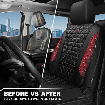 CAR PASS Bling Diamond Black Leather Car Seat Covers for 2 Front Interior Sets, Waterproof Shining Glitter Sparkly Crystal Universal Armrest Fit Automotive Truck SUV Cute Women Girl, Red Rhinestone