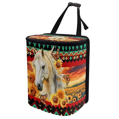 Aztec Tribe Horse Sunflower Print Trash Can for Car Leakproof Garbage with Lid and Zipper Trash Bin Hanging Back of Seat Auto Interior Accessories Universal Fit Most Truck SUV Van