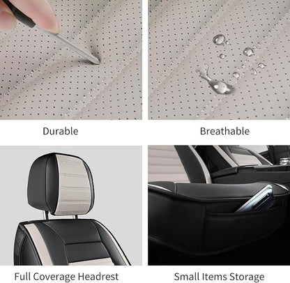 HChengkikz Car Seat Covers Front Pair, Breathable Nappa Leather Seat Covers for Cars, Universal Auto Interiors Car Seat Cushions for Most Sedans SUV Truck (2 PCS Front Seat, Black + Cream)