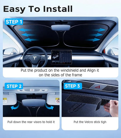 DMJN Front Windshield Sun Shade for Tesla New Model Y, Y & 3 (2017-2026), [Nano Ice-Crystal Coatings] UPF50+ Heat & UV Block, Protect Car Interior & Keep Cool, Flodable Steel-Ring Car Cover for Summer