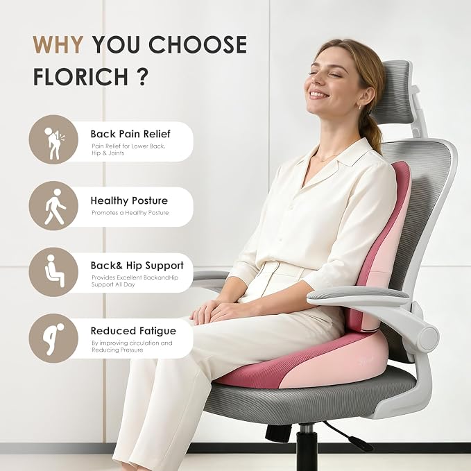 FLORICH Large Car Seat Cushion and Lumbar Support Pillow, Ergonomic Memory Foam Driving Seat Cushion for Back & Sciatica Pain Relief, Non-Slip Washable Seat Cushion for Car, Driver, Office-Pink