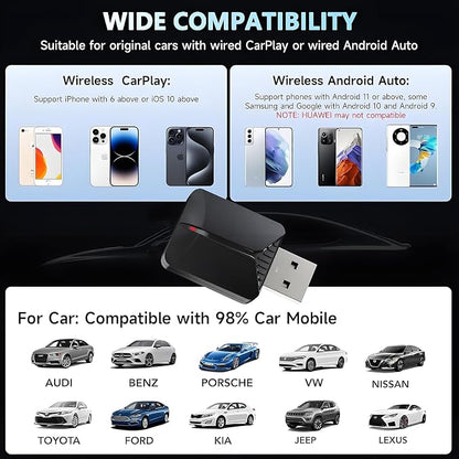 Mini Wireless CarPlay Adapter, Upgrade Wired CarPlay to Wireless for Cars with Built-in Wired CarPlay & Android Auto, Plug and Play Easy Use Fast Stable Connection for iPhone & Android