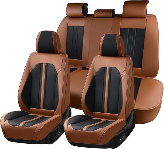Huidasource Car Seat Covers Full Set, Luxury Faux Leather Seat Covers, Velcro Adjustable, with Airbags, Thinning Design Perforation Cooling＆Heating, Fit for Most Cars, Vans, Trucks, SUVs, Brown&Black
