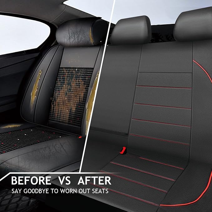 CAR PASS Leather Back Seat Cover,Piping Waterproof Bench Seat Cover, Rear Seat Cover Universal Fit for Cars Sedans SUVs Truck 95% Automotive Interior Backseat Car Covers (Rear,Black and Red)