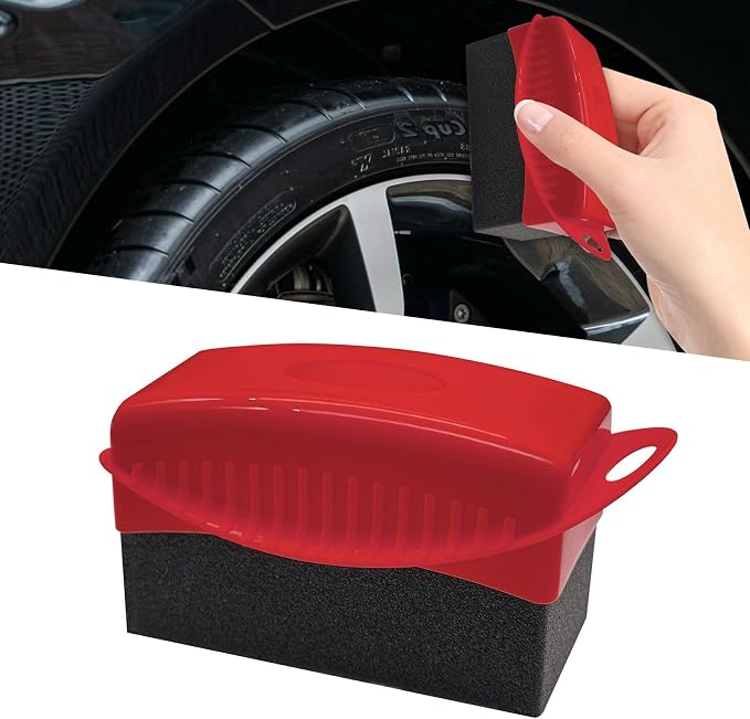 Tire Dressing Applicator, Tire Shine Applicator, Wheel Waxing Wipe Polishing Sponge with Lid, Car Accessories Reusable Wheel Detailing Foam Fit for Vehicle Waxing Polishing Cleaning (Red)