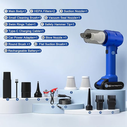 Vinid Handheld Car Vacuum Cleaner, 12000Pa Cordless Wet/Dry Vacuum & Air Blower, with Safety Hammer & Seatbelt Cutter, 80W 6000mAh Battery, HEPA Filter, Type-C Charging for Car Home Emergency, Blue
