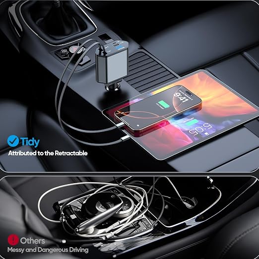66W Retractable Car Charger,CarCharger Fast Charging 4 in 1 Car Phone Charger Retractable USB C Cable,Type C to Lightning Cord,USB C Port and USB A Port Fast Charging for iPhone 16/15/14,iPad