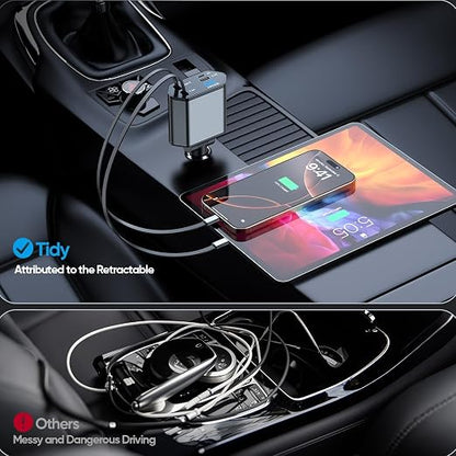 66W Retractable Car Charger,CarCharger Fast Charging 4 in 1 Car Phone Charger Retractable USB C Cable,Type C to Lightning Cord,USB C Port and USB A Port Fast Charging for iPhone 16/15/14,iPad