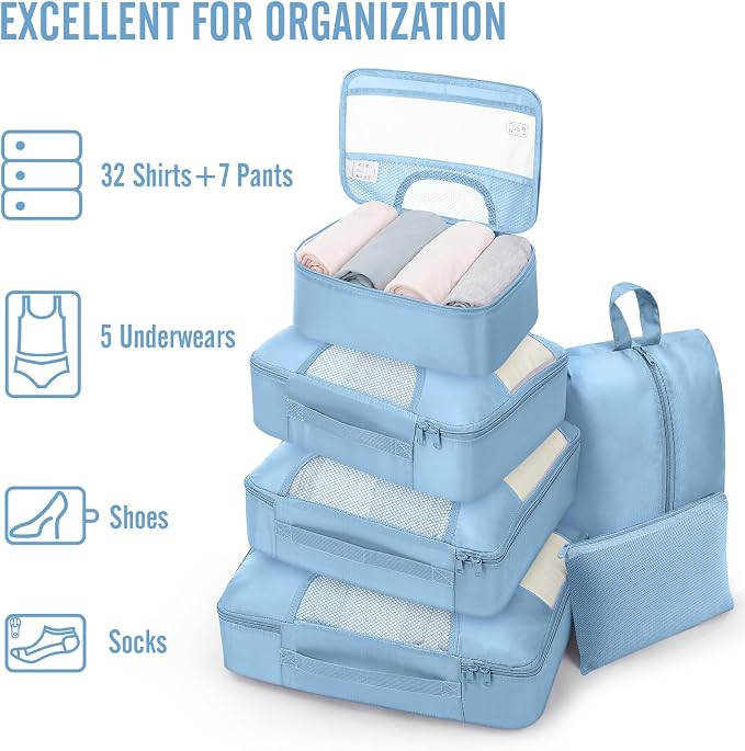 Veken 8 Set Packing Cubes for Travel Essentials,Anti-Wrinkle Buckled Suitcase Organizer for Shoe & Toiletry Bag,Carry On Luggage Bag with 99+ Count Mesh Holes for Airplane & College Dorm Accessories