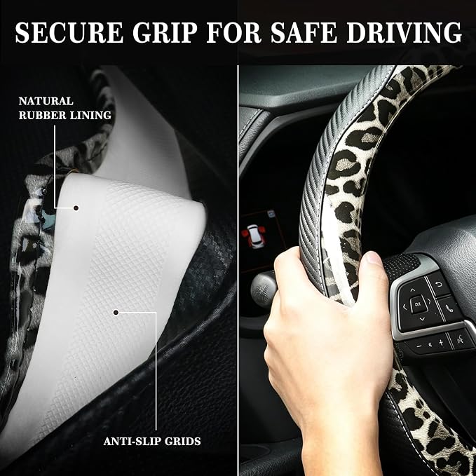 KAFEEK Black Leopard Steering Wheel Cover, 15 inch Carbon Fiber Texture, Grey White Cheetah Pattern, Non-Slip Microfiber Leather, Universal Fit for SUV Sedan