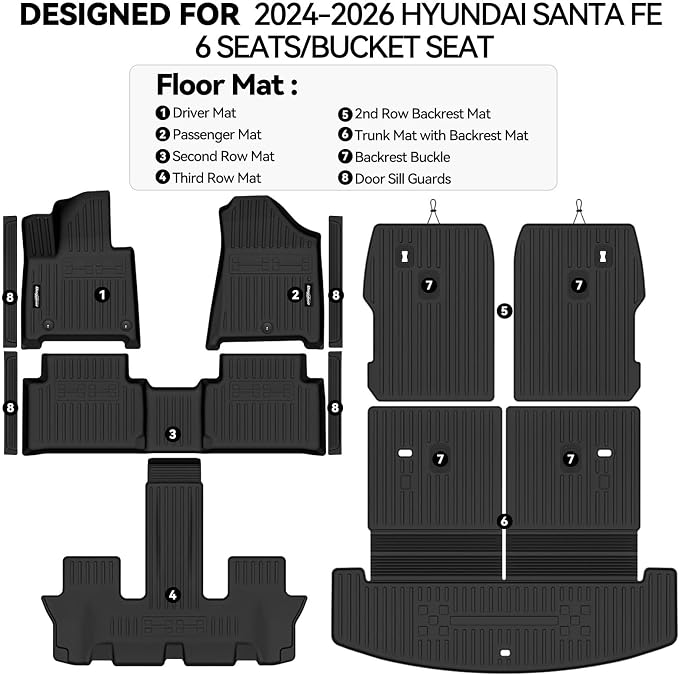Floor Mats for 2024 2025 2026 Hyundai Santa Fe 6 Seats/Captain Seat, Trunk Mat with Backrest Mat & Door Sill Guard All Weather TPE Protector for Hyundai Santa Fe Accessories