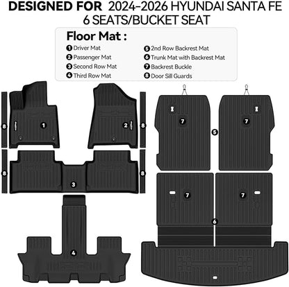 Floor Mats for 2024 2025 2026 Hyundai Santa Fe 6 Seats/Captain Seat, Trunk Mat with Backrest Mat & Door Sill Guard All Weather TPE Protector for Hyundai Santa Fe Accessories