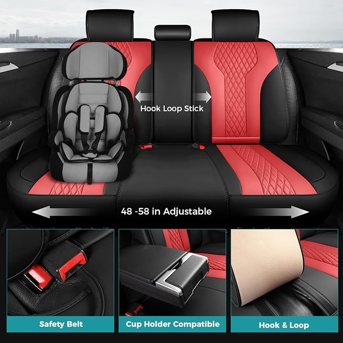 Leather Car Seat Covers Full Set, Breathable Faux Leather Seat Covers for Cars SUV Sedan Waterproof BlackRed