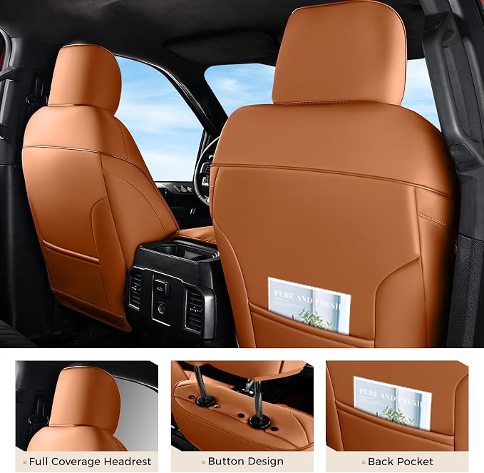 Coverado Premium Leather Full Set Seat Covers Waterproof Heavy-Duty Protectors Custom Fit for Ford F150 (2015-2026) F250/F350/F450 (2017-2026)-Orange, Stain-Resistant