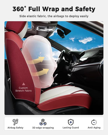 Huidasource Car Seat Cover, Luxury Faux Leather Seat Covers for Cars, Velcro Adjustable, with Airbags, Child Seat, Perforation Cooling＆Heating, Universal Fit for Most Cars Vans Trucks SUVs, Red＆White