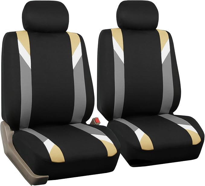 FH Group Front Set Cloth Car Seat Covers for Low Back Car Seats with Removable Headrest, Universal Fit, Airbag Compatible Seat Cover for SUV, Sedan, Van, Beige