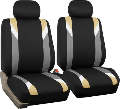 FH Group Front Set Cloth Car Seat Covers for Low Back Car Seats with Removable Headrest, Universal Fit, Airbag Compatible Seat Cover for SUV, Sedan, Van, Beige
