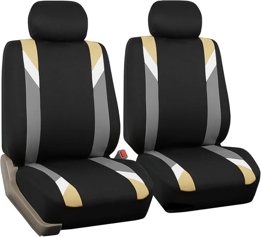 FH Group Front Set Cloth Car Seat Covers for Low Back Car Seats with Removable Headrest, Universal Fit, Airbag Compatible Seat Cover for SUV, Sedan, Van, Beige